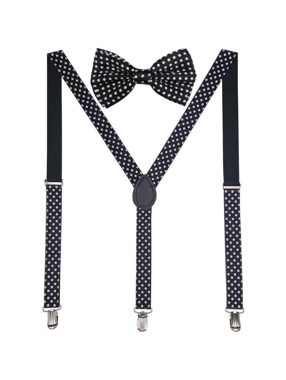 Men AB Elastic Band White Dots Suspender With Maching Polyester Bowtie